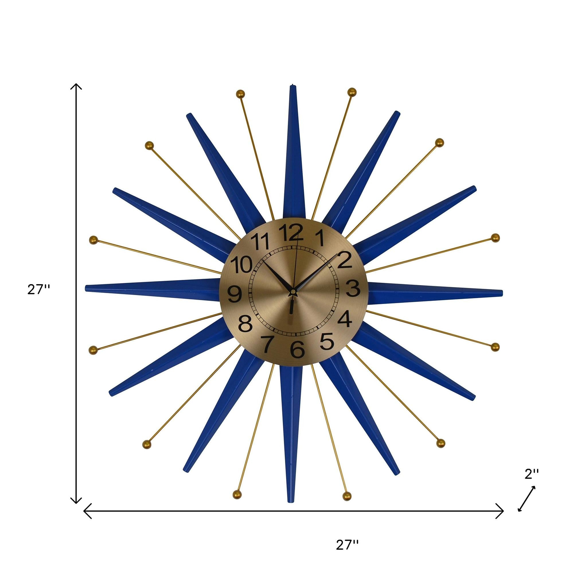 27" Blue And Gold Metal Silent Analog Starburst Wall Clock