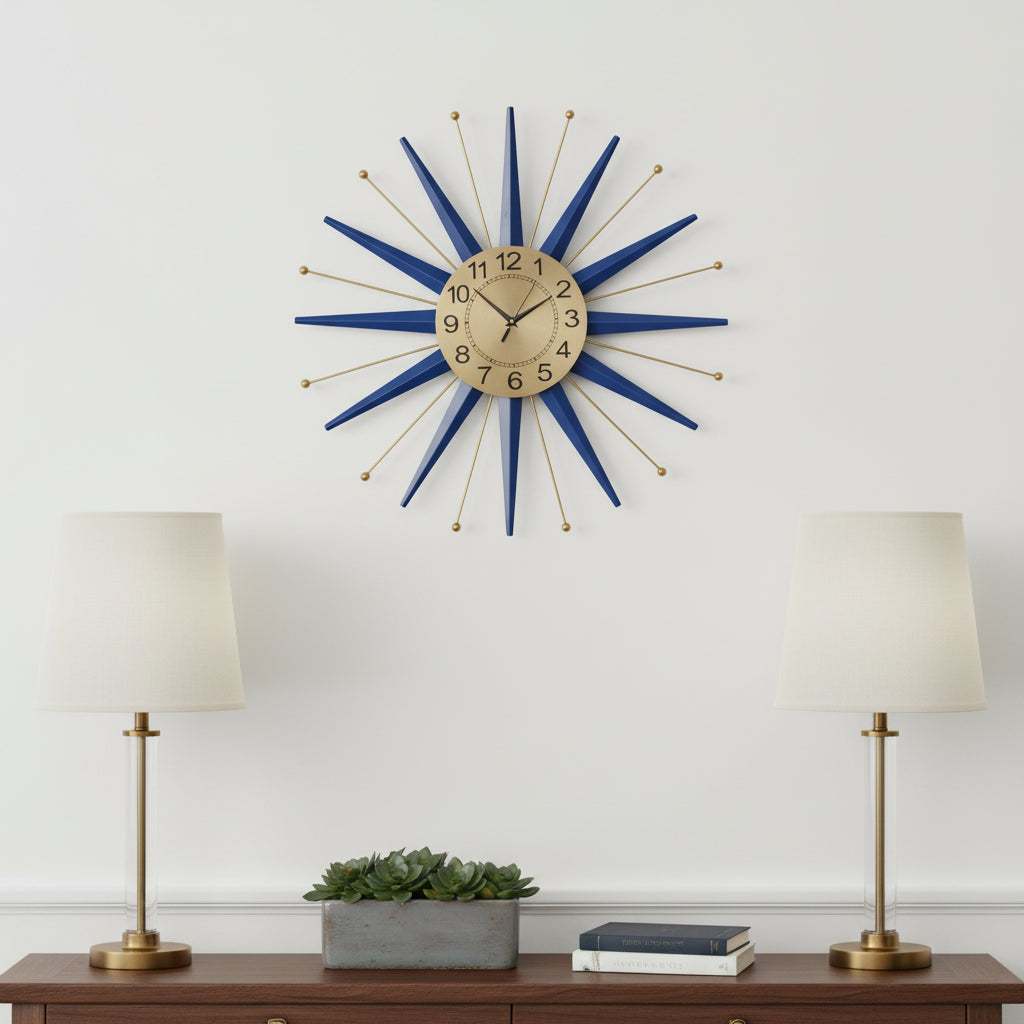 27" Blue And Gold Metal Silent Analog Starburst Wall Clock