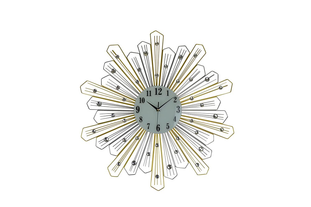 27" Gold Silver And Metal And Faux Crystals Silent Analog Sunburst Wall Clock