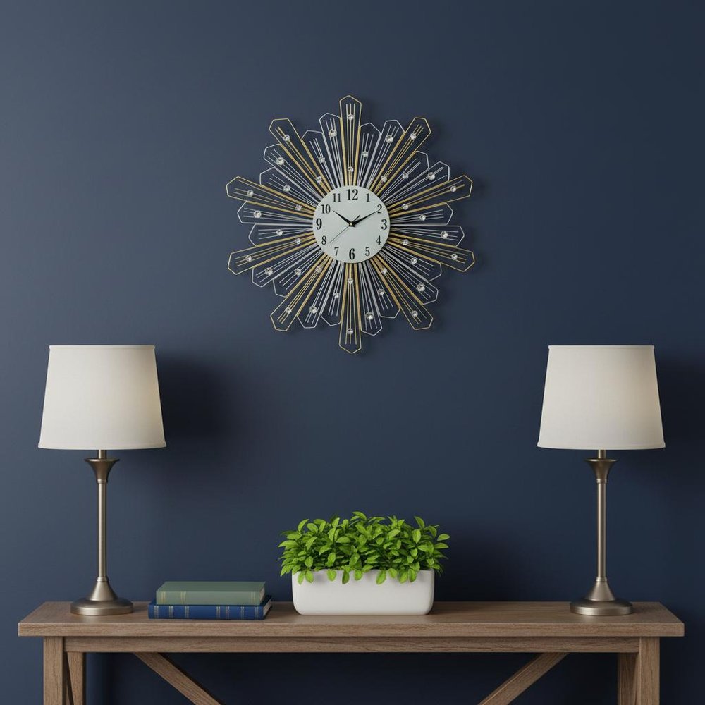 27" Gold Silver And Metal And Faux Crystals Silent Analog Sunburst Wall Clock