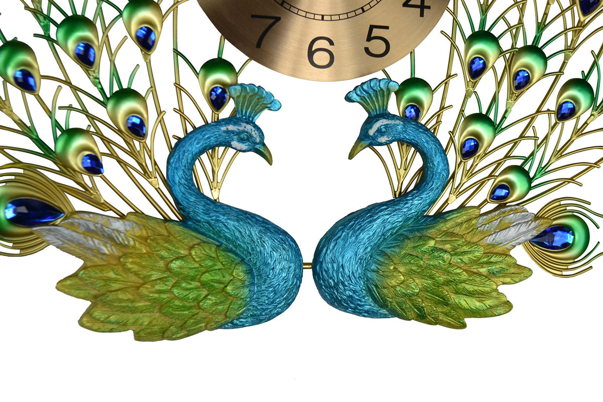 25" Blue Green And Gold Metal Silent Analog Peacock Novelty Wall Clock