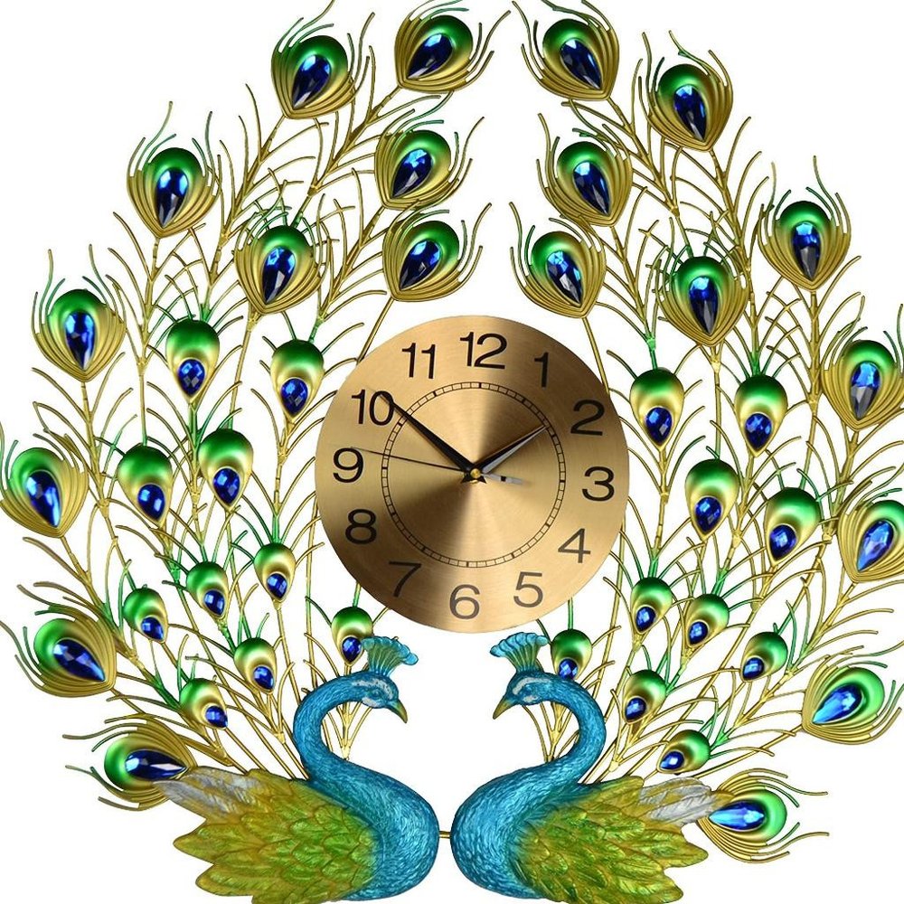 25" Blue Green And Gold Metal Silent Analog Peacock Novelty Wall Clock
