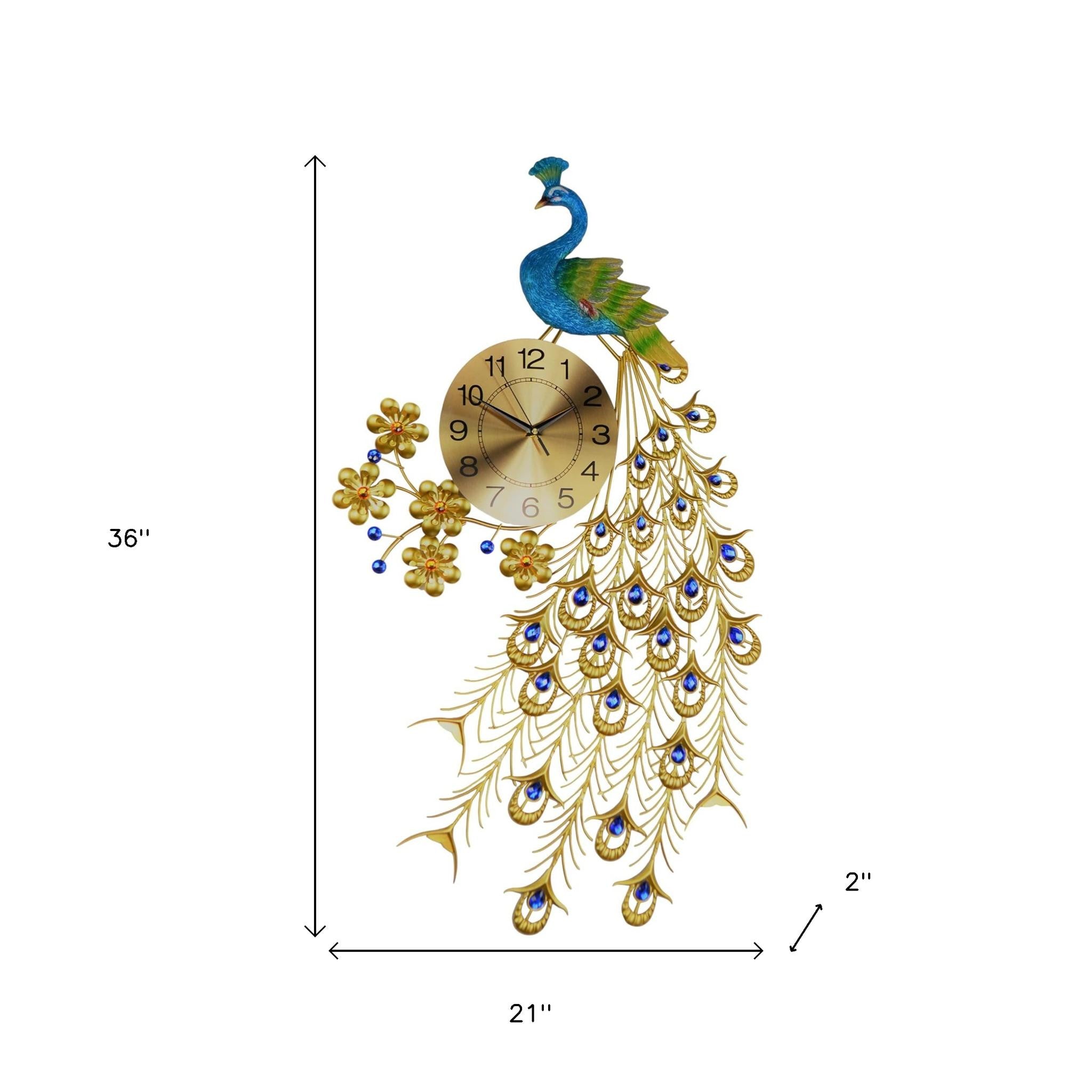 21" Blue Green And Gold Metal Silent Analog Peacock Novelty Wall Clock