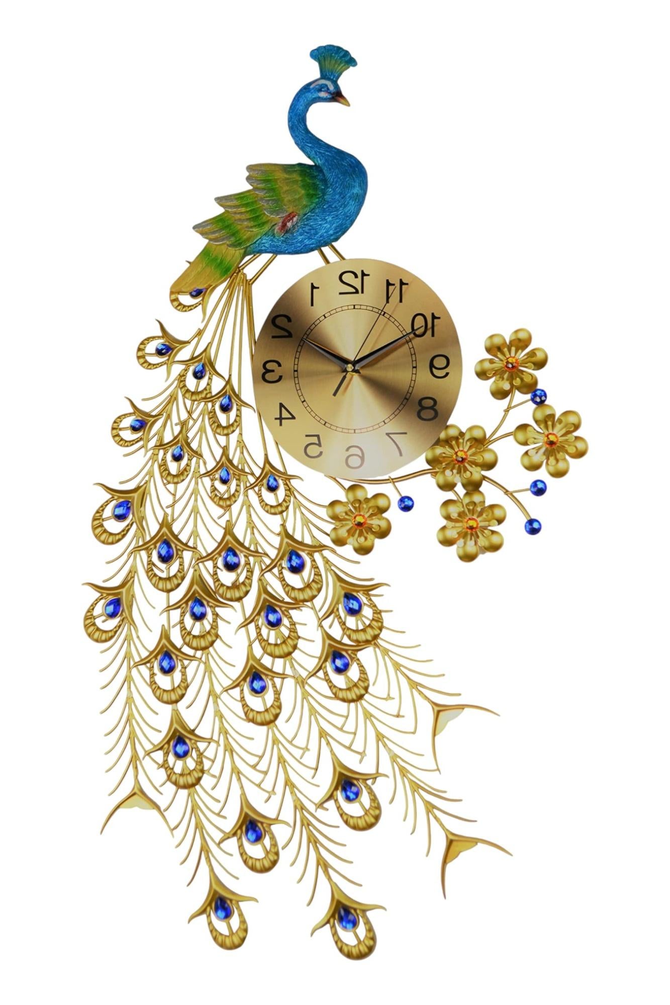 21" Blue Green And Gold Metal Silent Analog Peacock Novelty Wall Clock