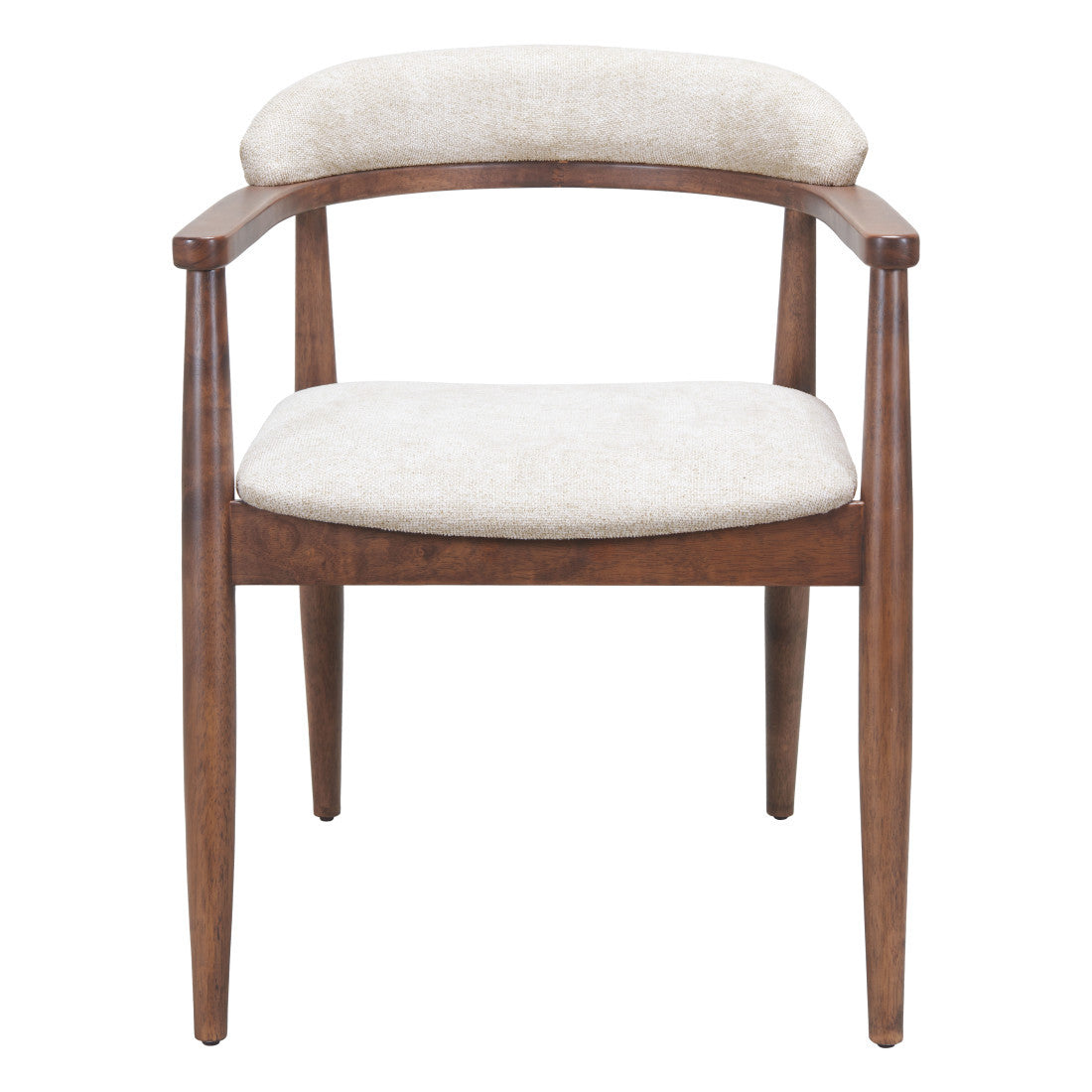 Beige And Walnut Upholstery And Solid Wood Open Back Dining Arm Chair
