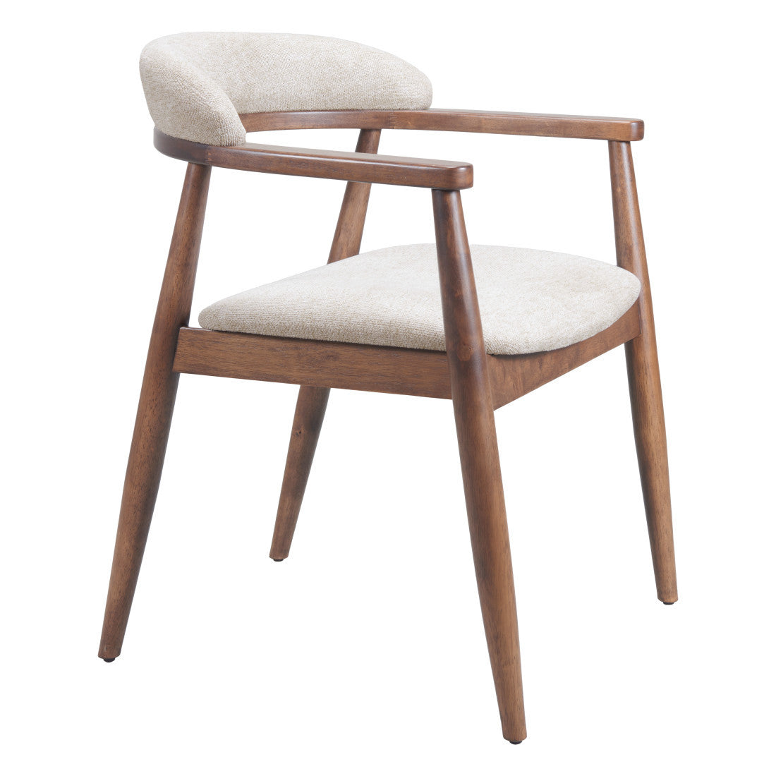 Beige And Walnut Upholstery And Solid Wood Open Back Dining Arm Chair