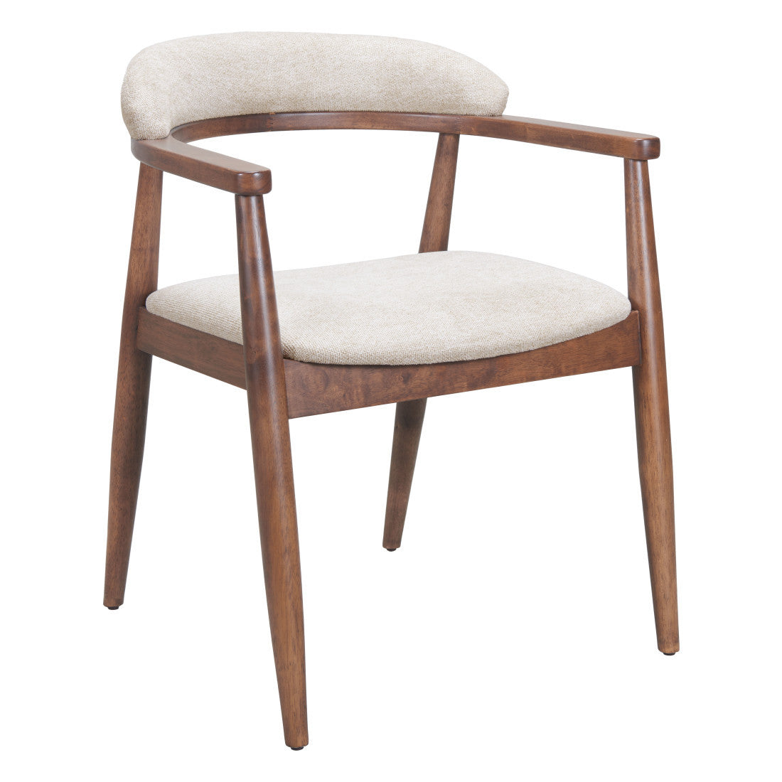 Beige And Walnut Upholstery And Solid Wood Open Back Dining Arm Chair