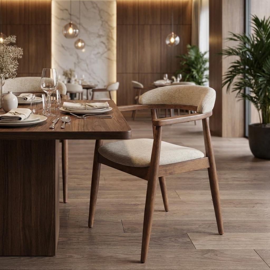 Beige And Walnut Upholstery And Solid Wood Open Back Dining Arm Chair