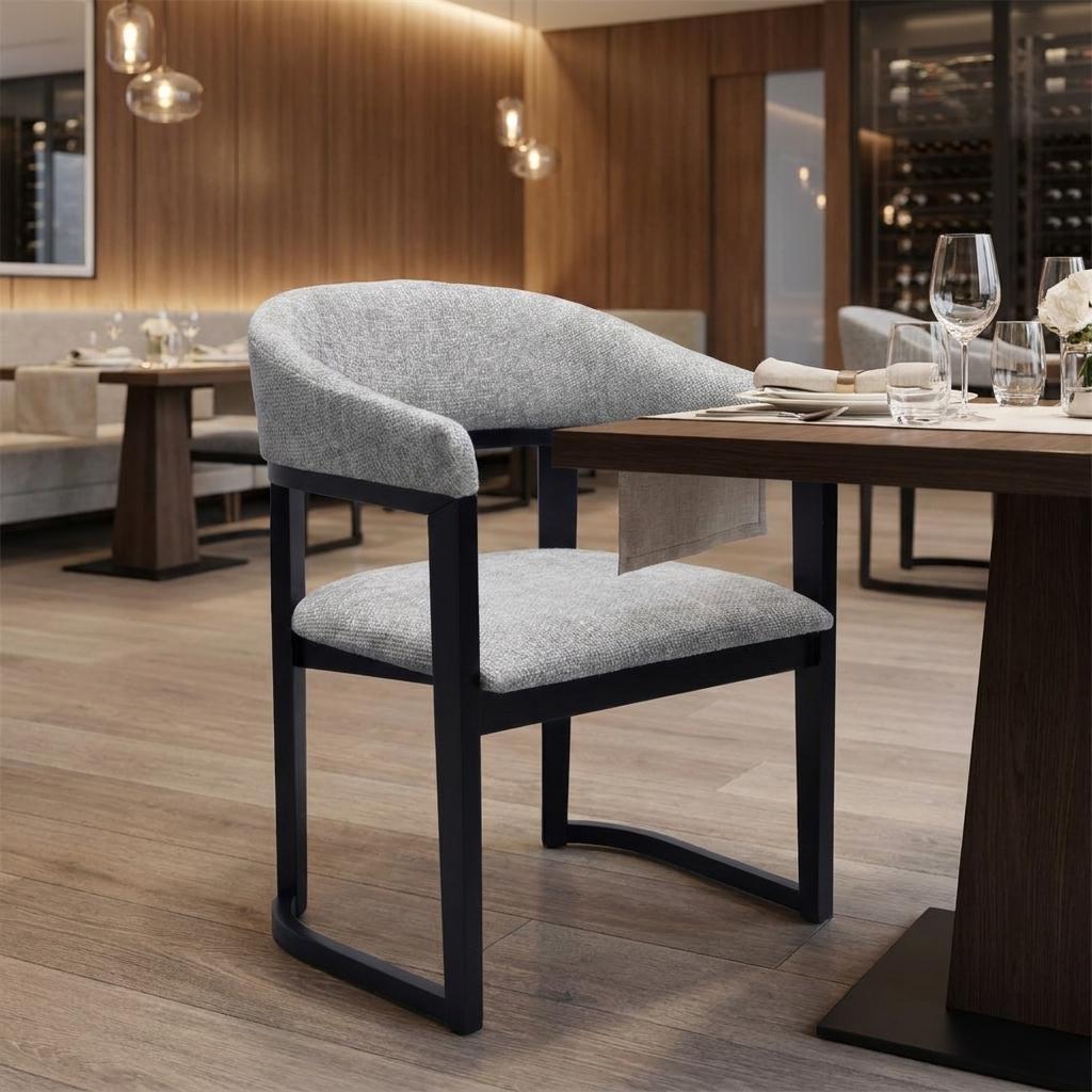 Gray And Black Faux Linen And Solid Wood Open Back Dining Arm Chair