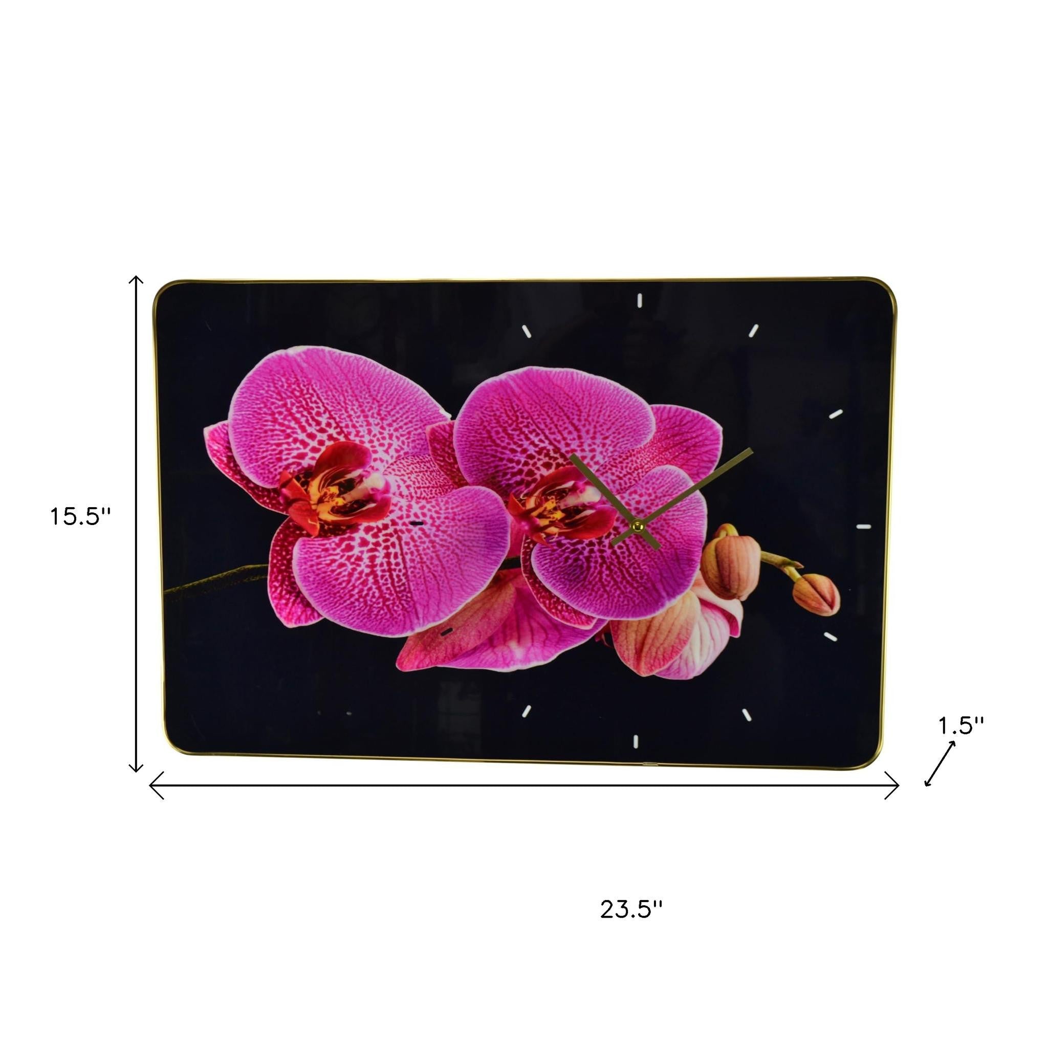 24" Pink Black And Gold Solid Wood and Acrylic Silent Orchids Floral Wall Clock