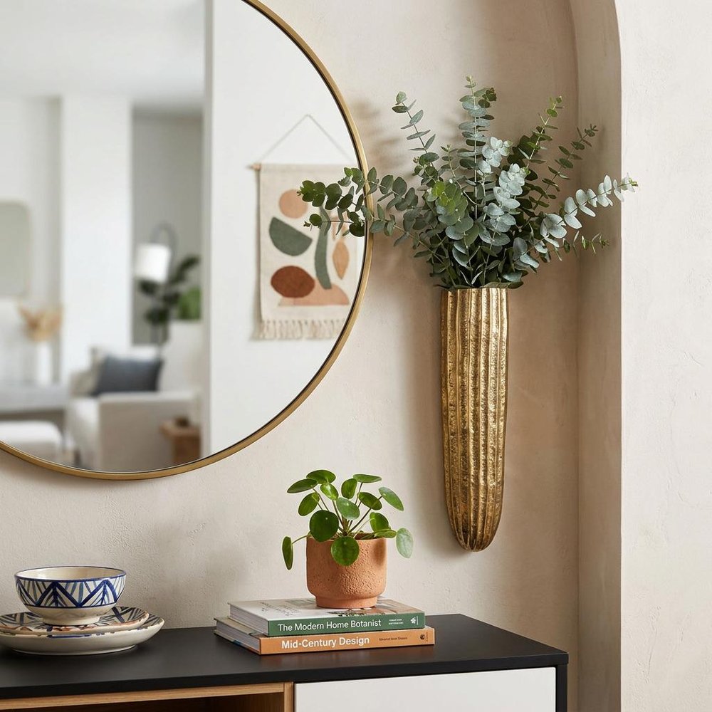 12" Antiqued Gold Ribbed Aluminum Wall Vase