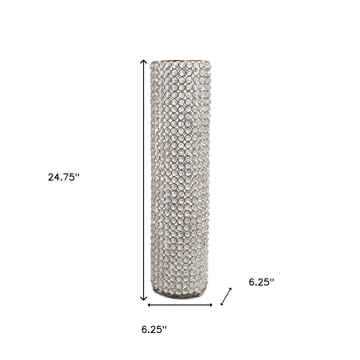 25" Clear And Silver Faux Crystal And Metal Table Vase