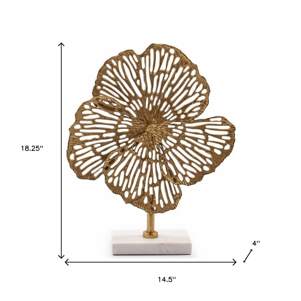 18" Antiqued Gold And White Aluminum And Marble Flowers Abstract Tabletop Sculpture