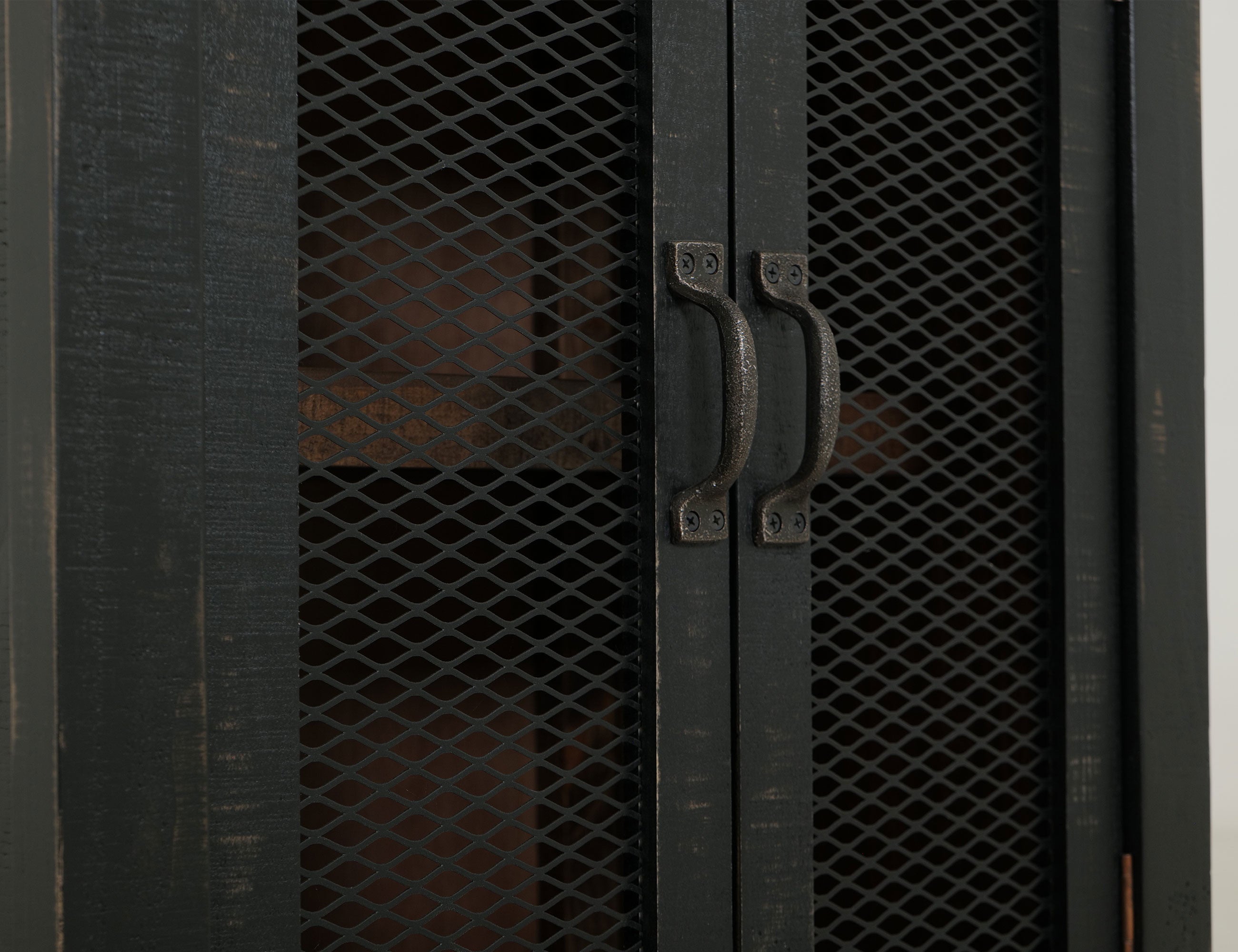 72" Brown and Black Distressed Wood Dining Hutch With Two Doors