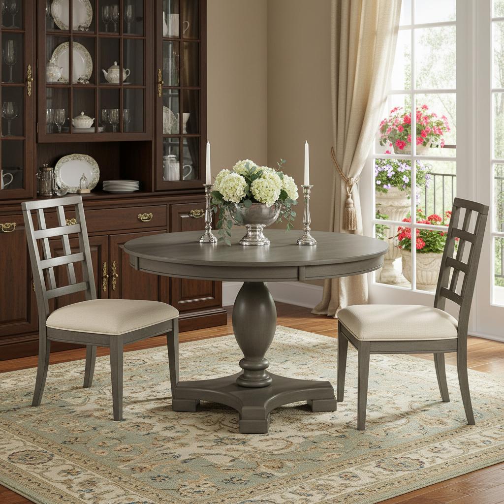 48" Gray Wood Pedestal Base Round Top Dining Table