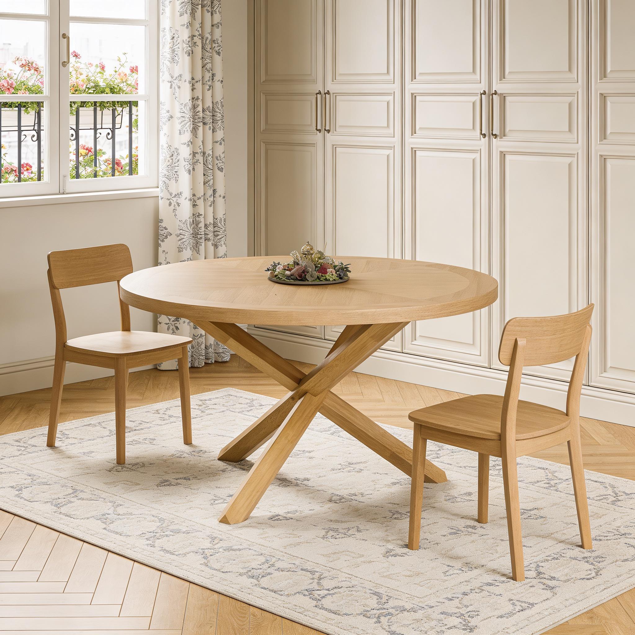 54" Oak Wood Cross Leg Base Round Top Dining Table