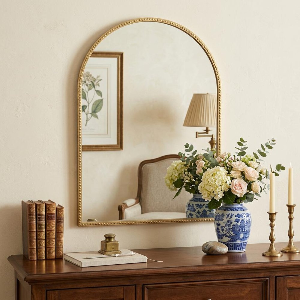 34" Gold Metal Beaded Arch Accent Mirror