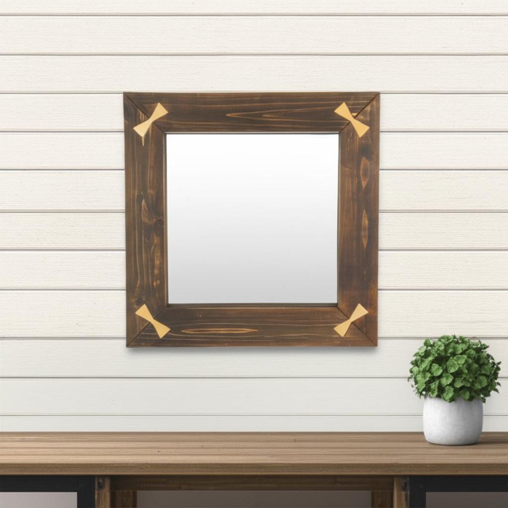 22" Brown Wood With Gold Bows Square Accent Mirror