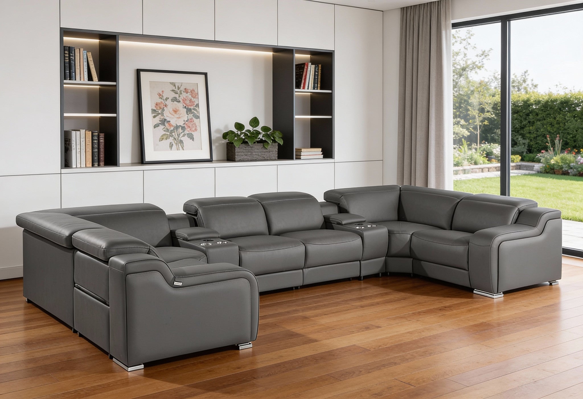 Dark Gray Italian Leather Power Reclining U Shaped Eight Piece Corner Sectional With Console