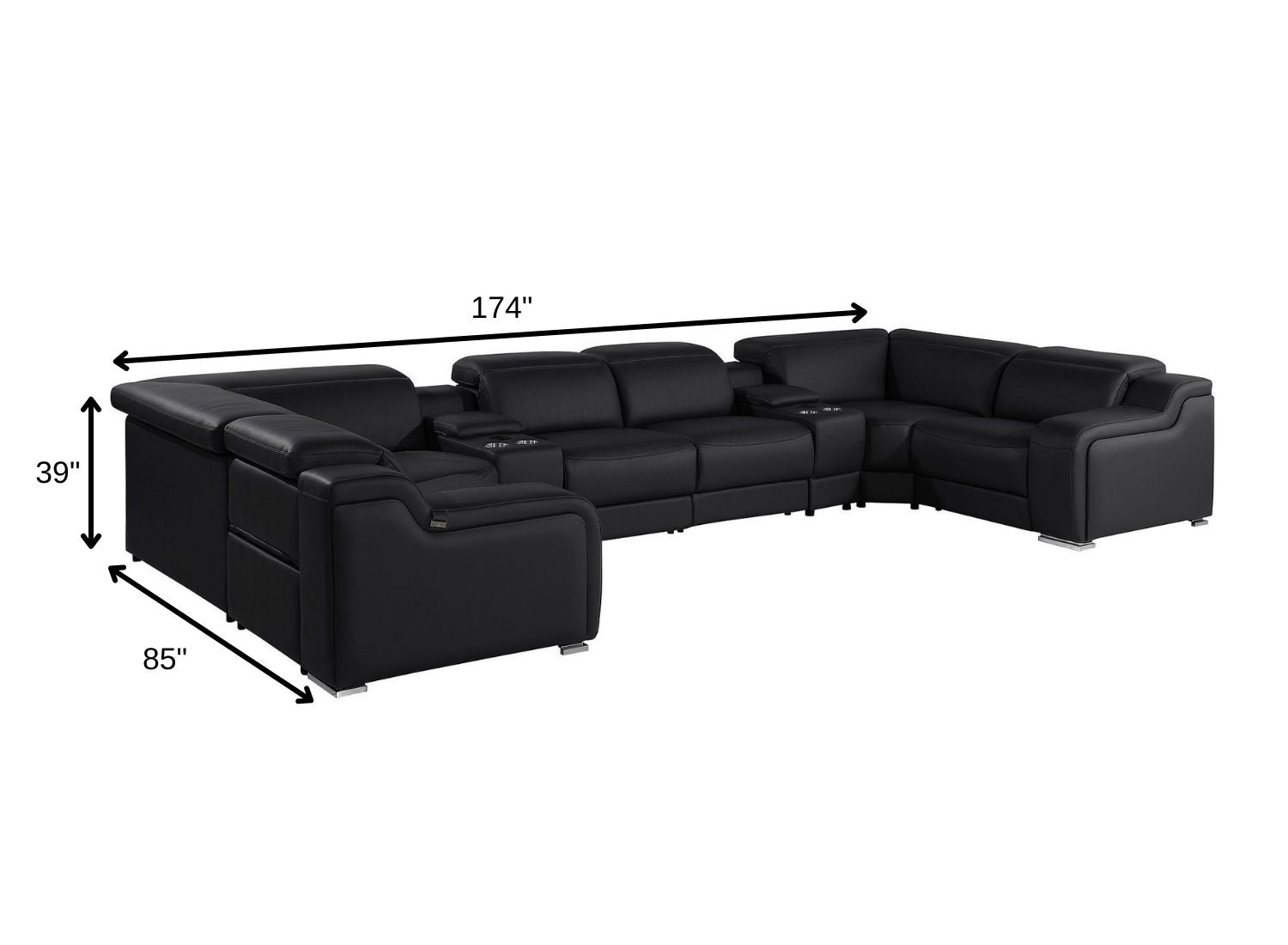 Black Italian Leather Power Reclining U Shaped Eight Piece Corner Sectional With Console