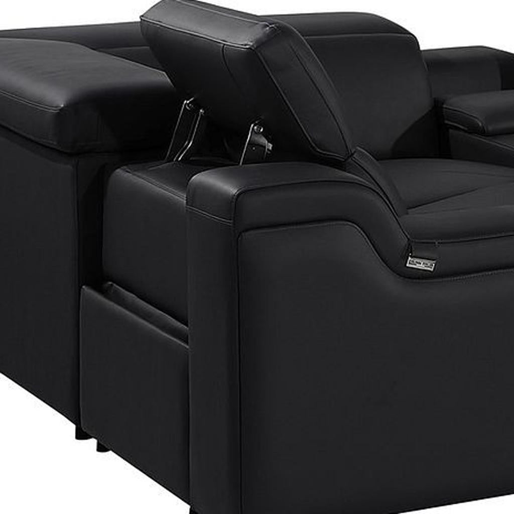 Black Italian Leather Power Reclining U Shaped Eight Piece Corner Sectional With Console