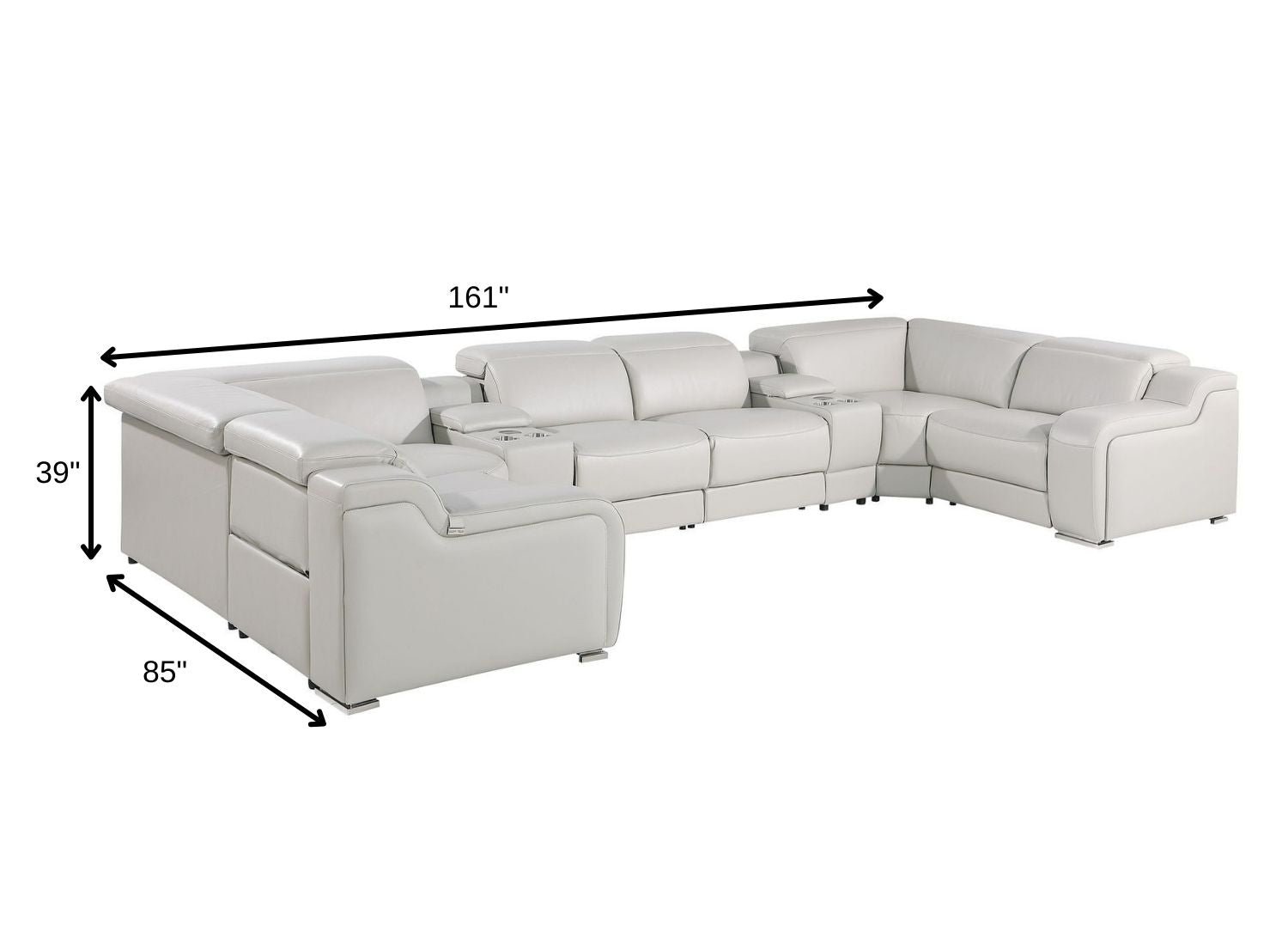 Light Gray Italian Leather Power Reclining U Shaped Eight Piece Corner Sectional With Console