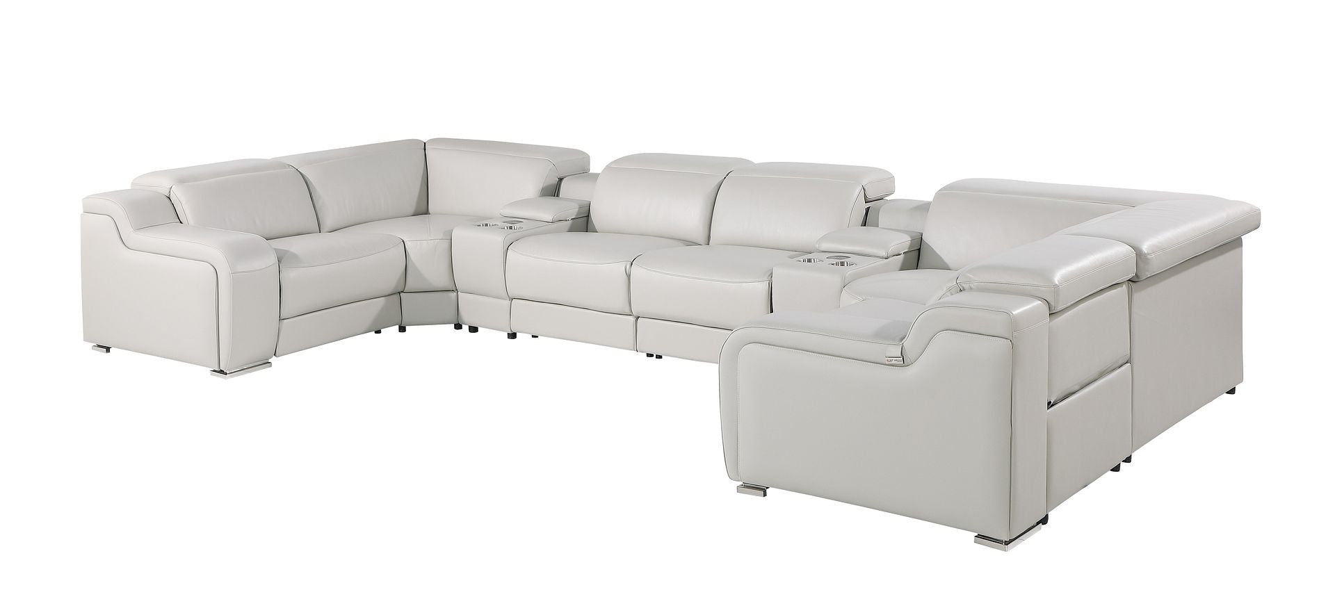 Light Gray Italian Leather Power Reclining U Shaped Eight Piece Corner Sectional With Console