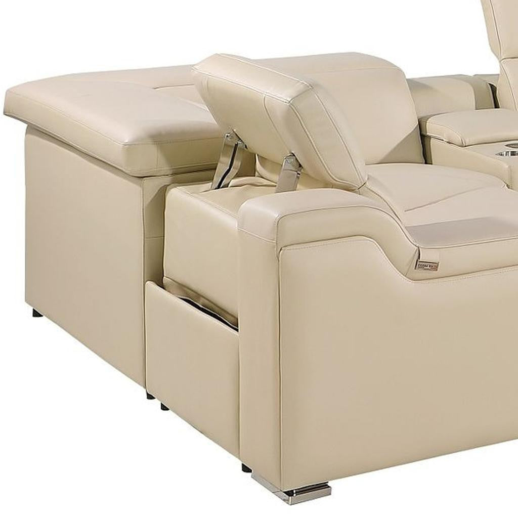 Beige Italian Leather Power Reclining U Shaped Eight Piece Corner Sectional With Console