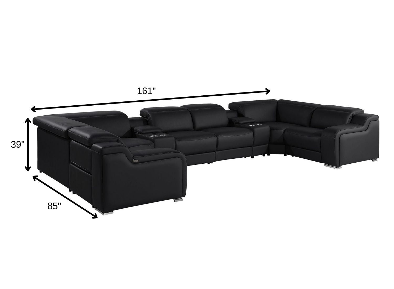 Black Italian Leather Power Reclining U Shaped Eight Piece Corner Sectional With Console