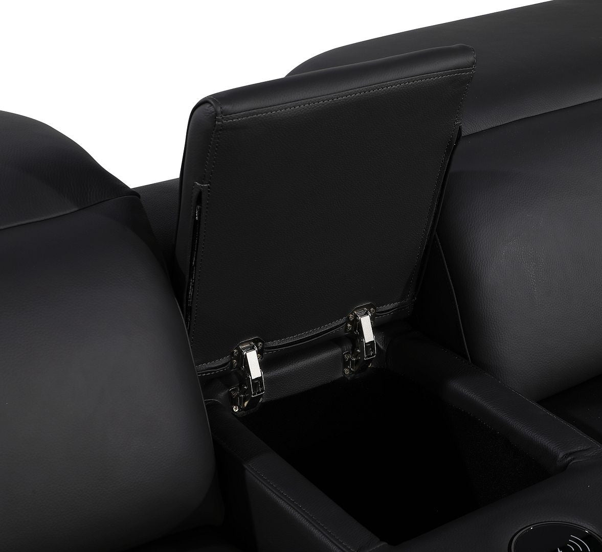 Black Italian Leather Power Reclining U Shaped Eight Piece Corner Sectional With Console