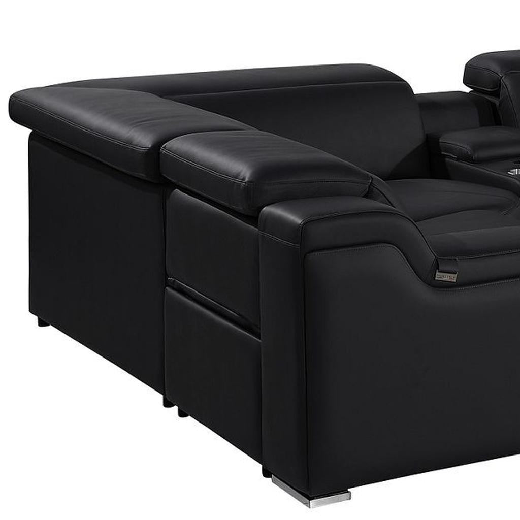Black Italian Leather Power Reclining U Shaped Eight Piece Corner Sectional With Console