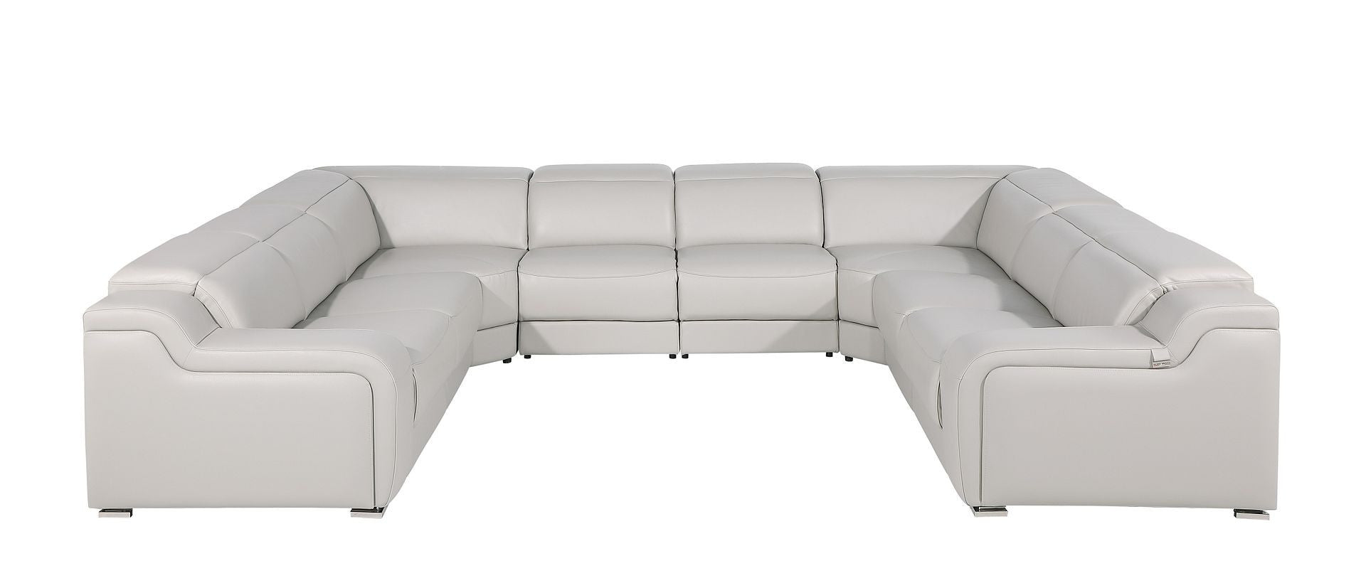 Light Gray Italian Leather Power Reclining U Shaped Eight Piece Corner Sectional With Console
