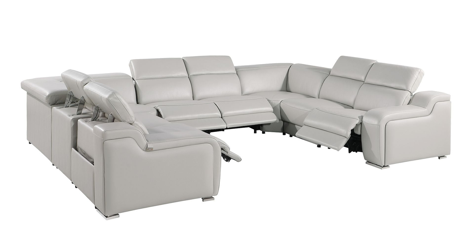 Light Gray Italian Leather Power Reclining U Shaped Eight Piece Corner Sectional With Console