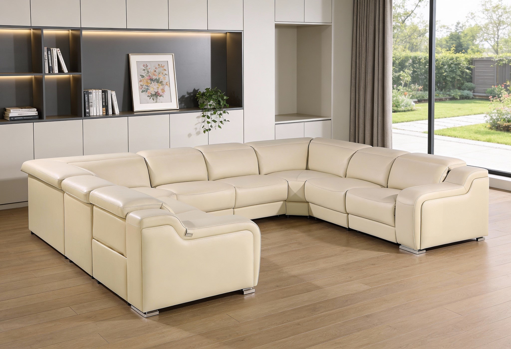 Beige Italian Leather Power Reclining U Shaped Eight Piece Corner Sectional With Console