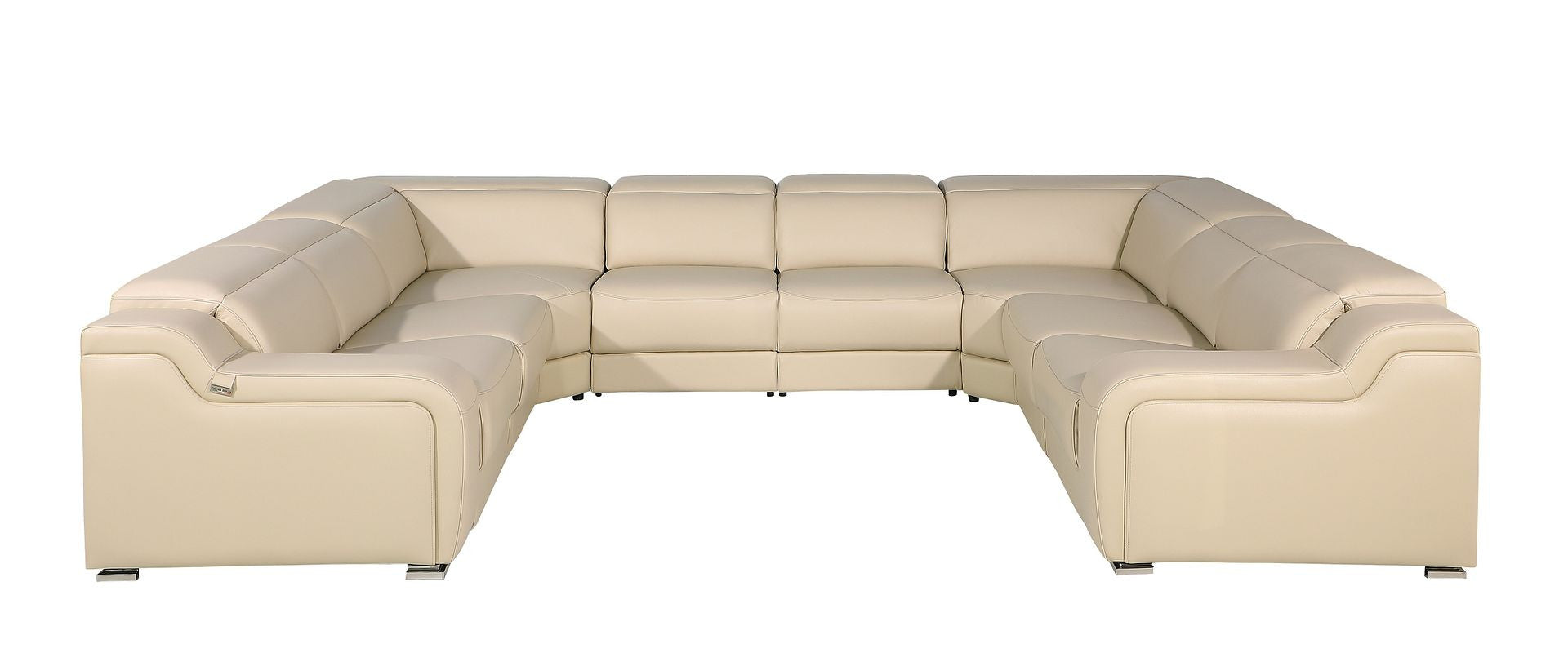 Beige Italian Leather Power Reclining U Shaped Eight Piece Corner Sectional With Console