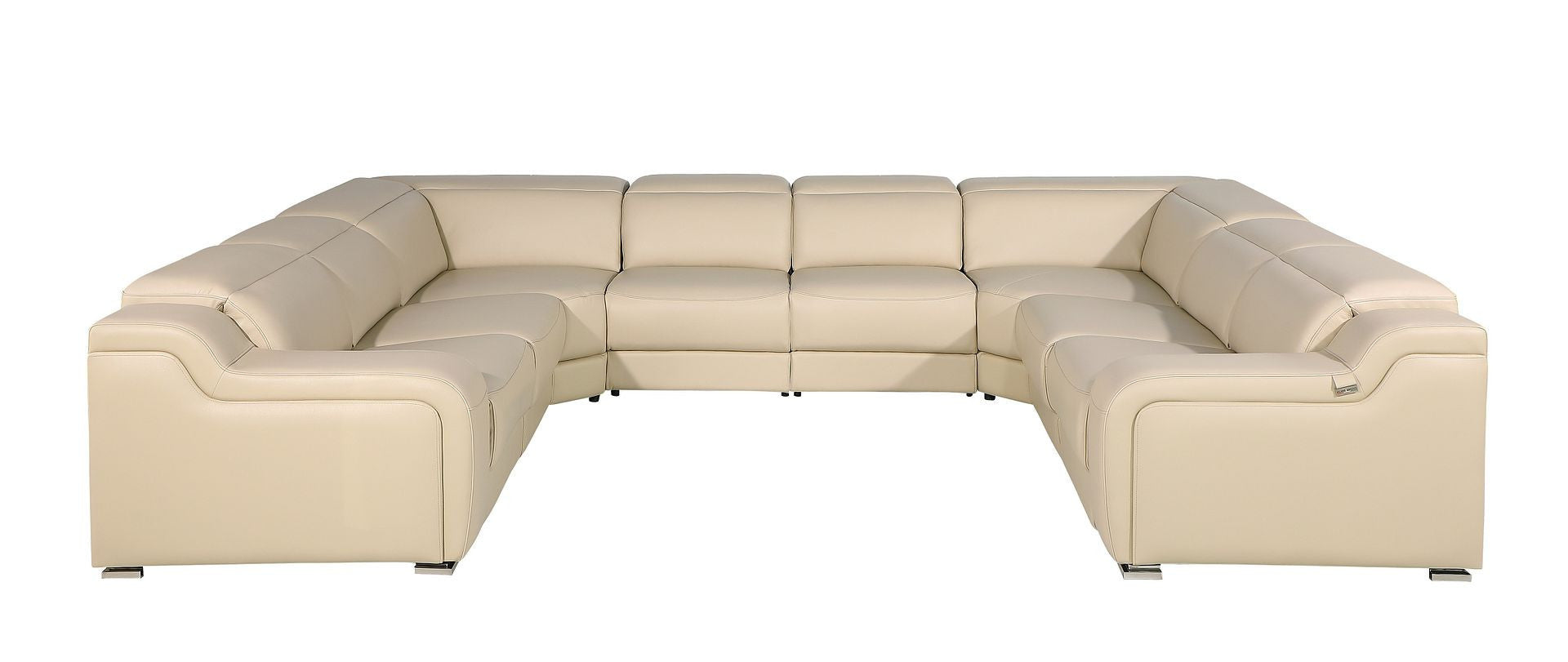 Beige Italian Leather Power Reclining U Shaped Eight Piece Corner Sectional With Console