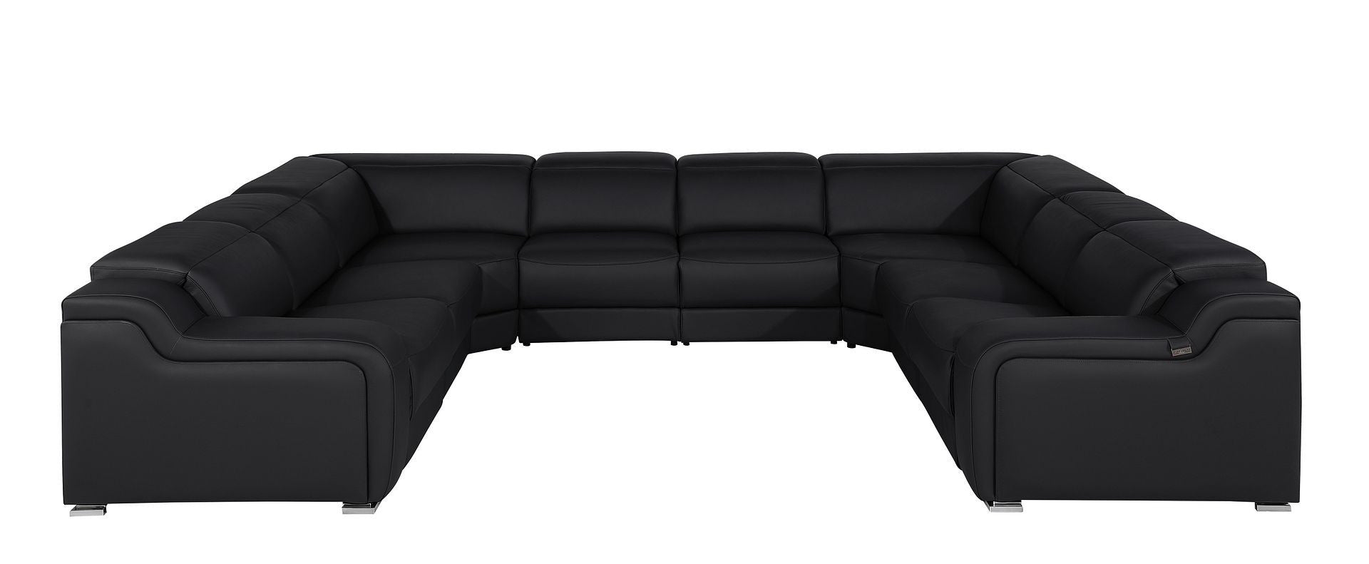 Black Italian Leather Power Reclining U Shaped Eight Piece Corner Sectional With Console