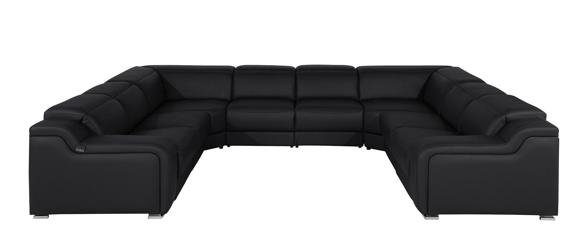 Black Italian Leather Power Reclining U Shaped Eight Piece Corner Sectional With Console