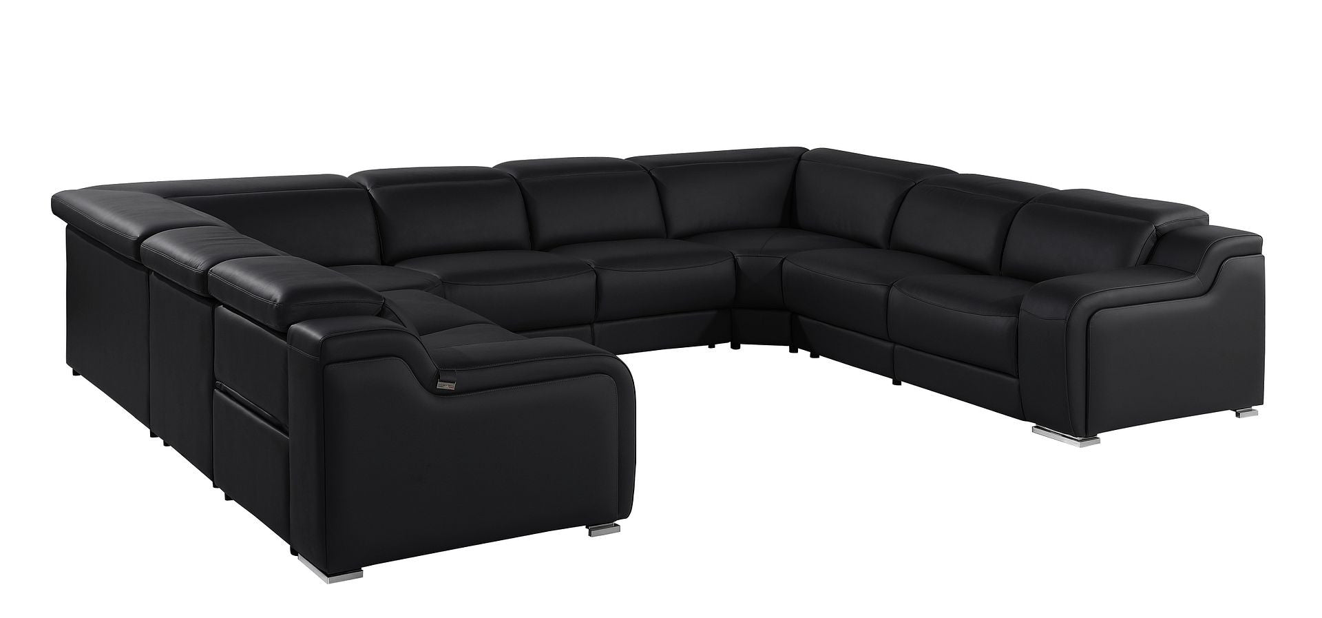 Black Italian Leather Power Reclining U Shaped Eight Piece Corner Sectional With Console