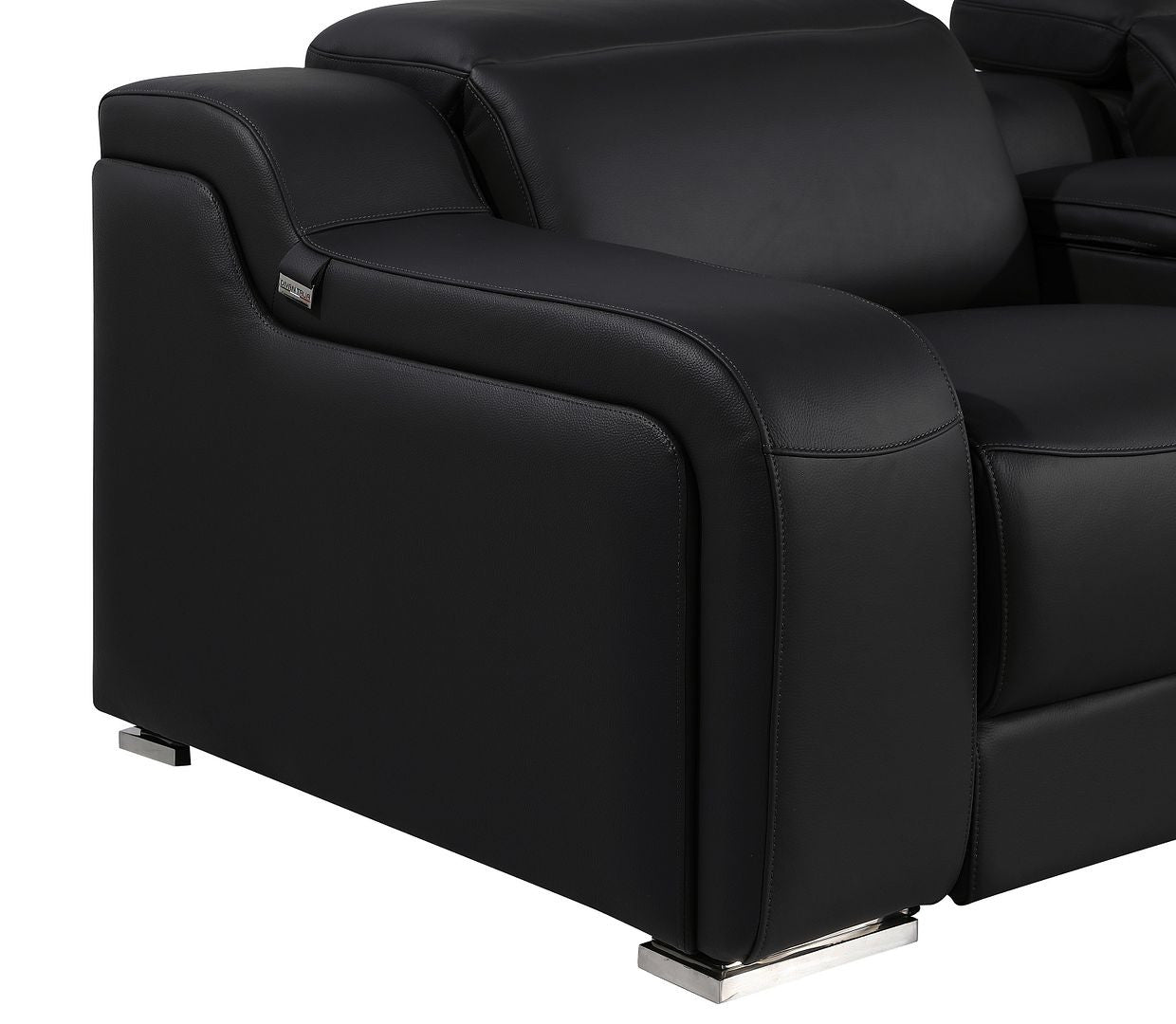 Black Italian Leather Power Reclining U Shaped Eight Piece Corner Sectional With Console