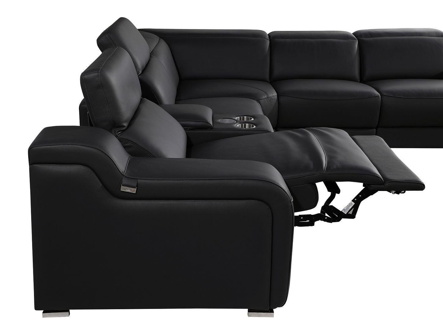 Black Italian Leather Power Reclining U Shaped Eight Piece Corner Sectional With Console