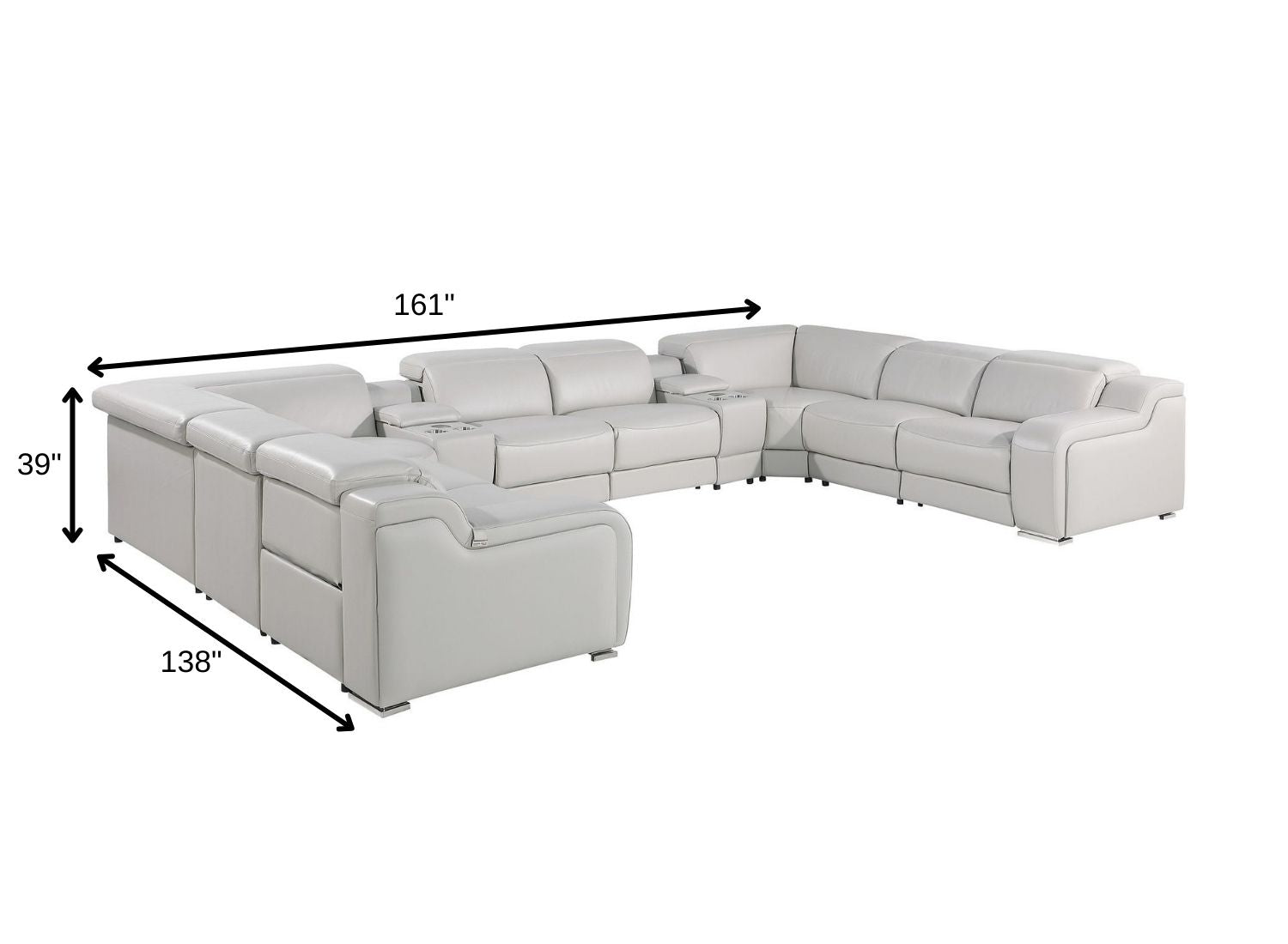 Light Gray Italian Leather Power Reclining U Shaped Ten Piece Corner Sectional With Console
