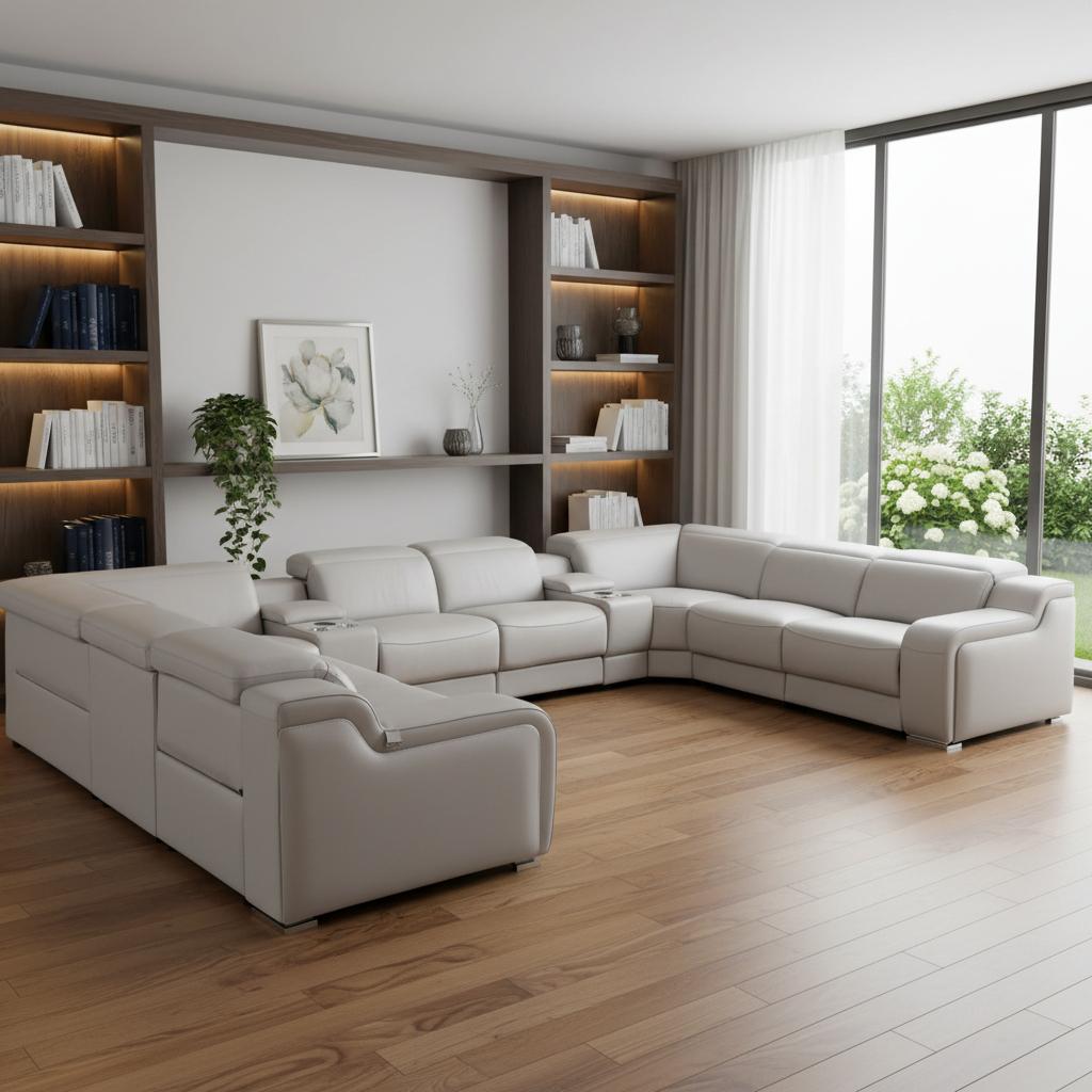 Light Gray Italian Leather Power Reclining U Shaped Ten Piece Corner Sectional With Console