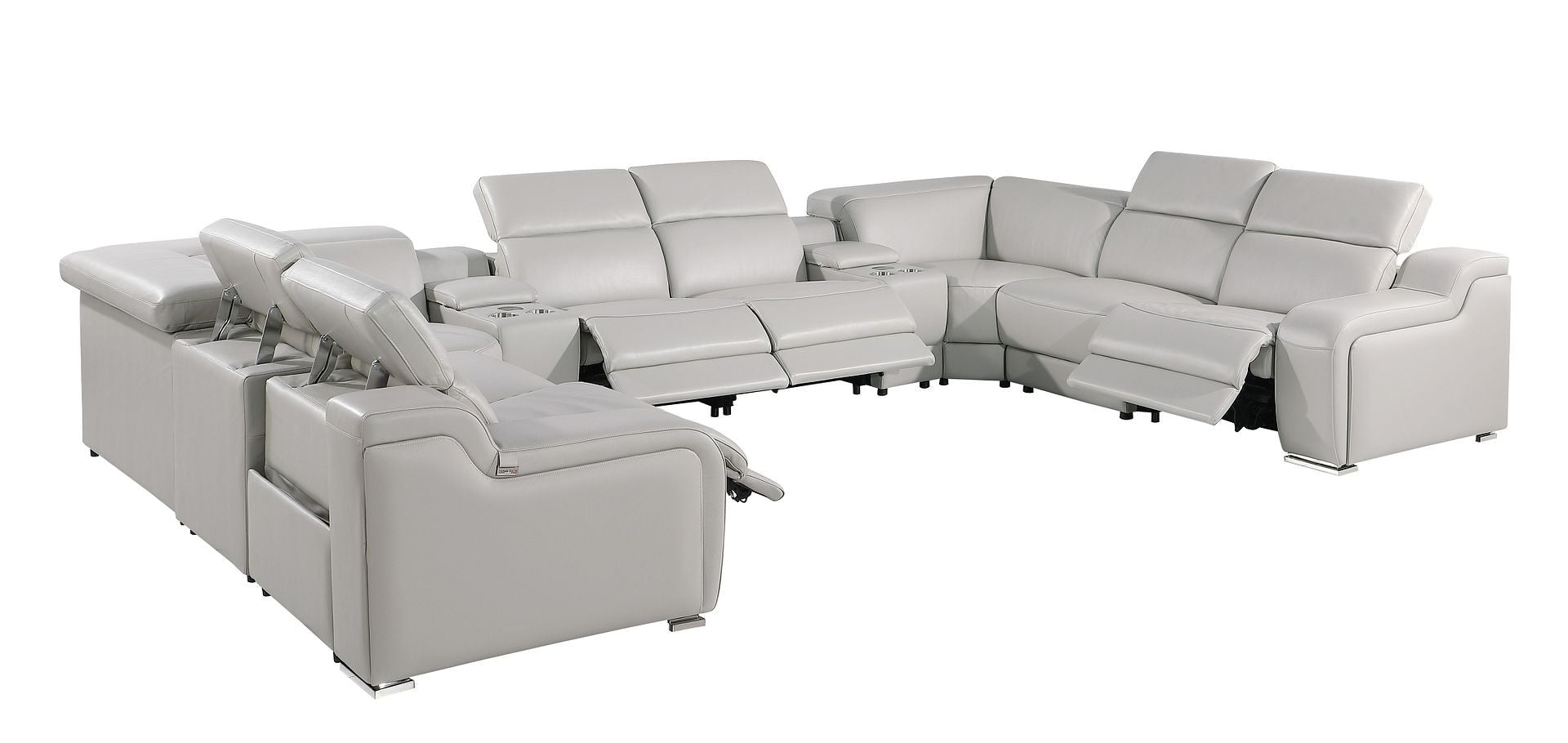 Light Gray Italian Leather Power Reclining U Shaped Ten Piece Corner Sectional With Console