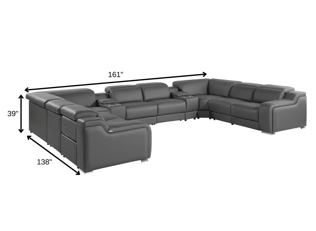 Dark Gray Italian Leather Power Reclining U Shaped Ten Piece Corner Sectional With Console