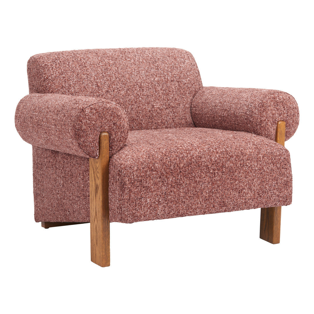 39" Copper And Brown Woven Upholstery And Solid Wood Arm Chair