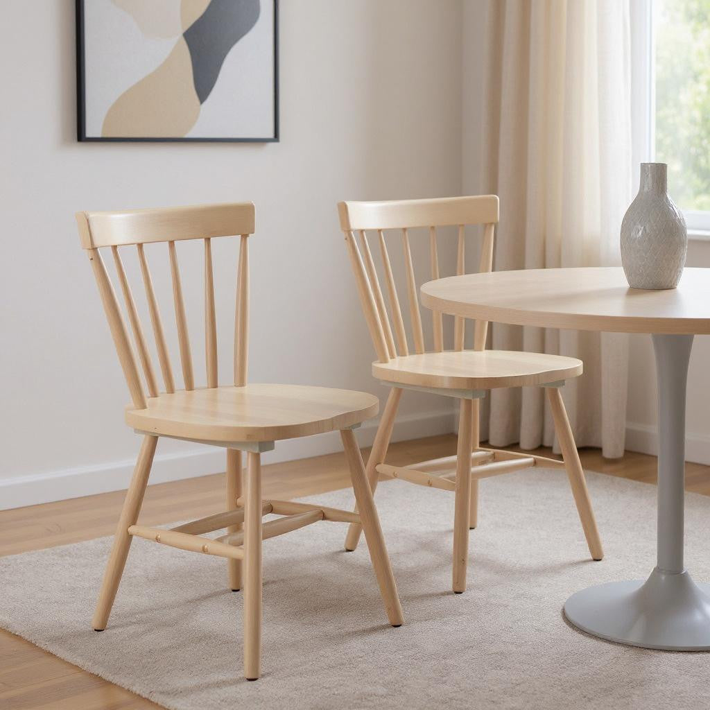 Set of Two Natural Solid Wood Windsor Back Dining Side Chairs