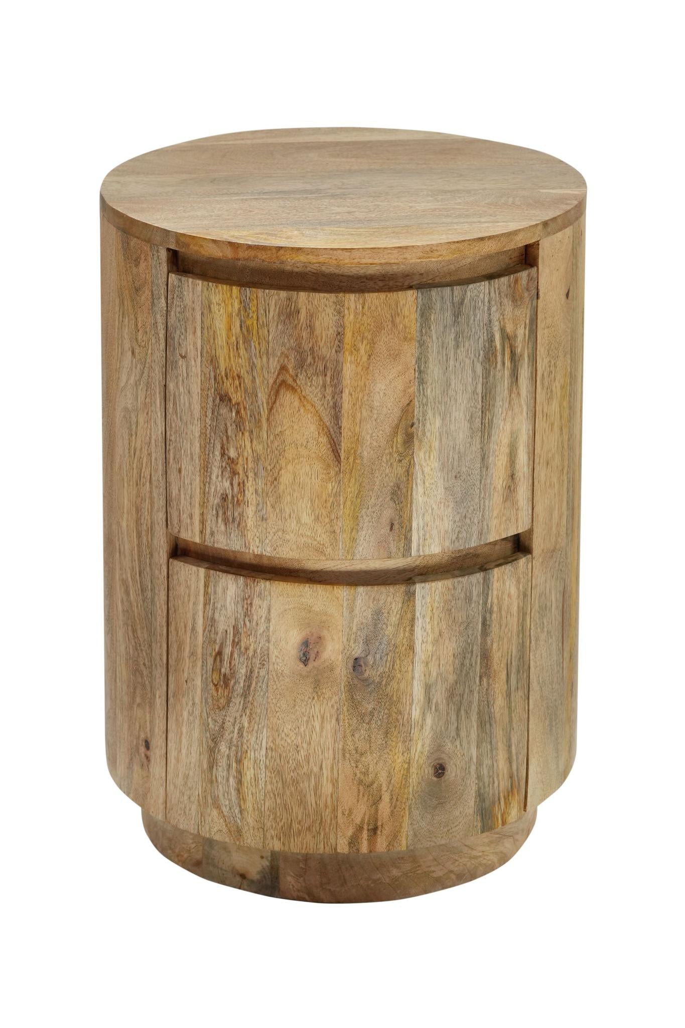 24" Natural Solid Wood Round Block End Table With Two Drawers