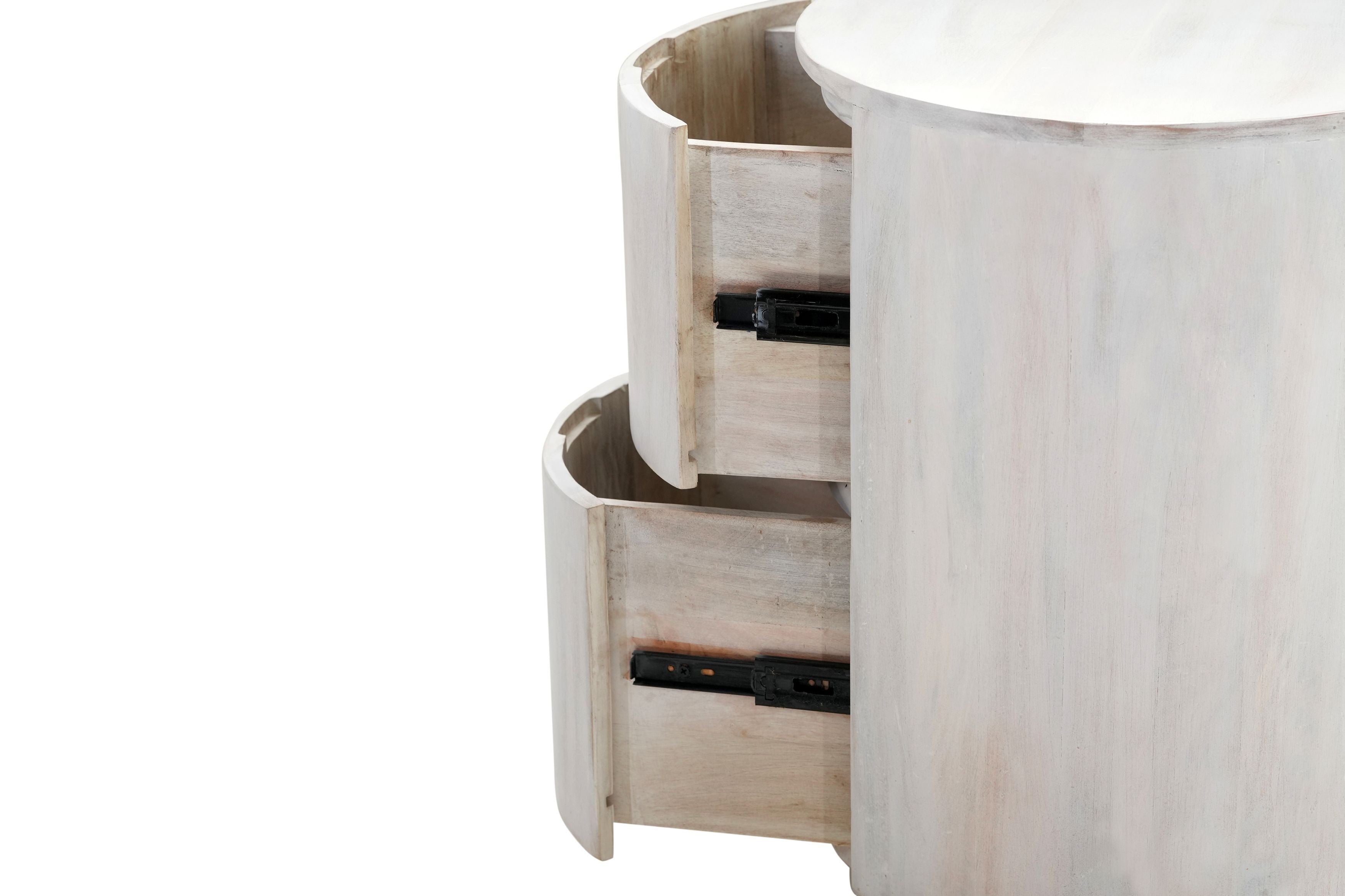 24" White Solid Wood Round Drum End Table With Two Drawers