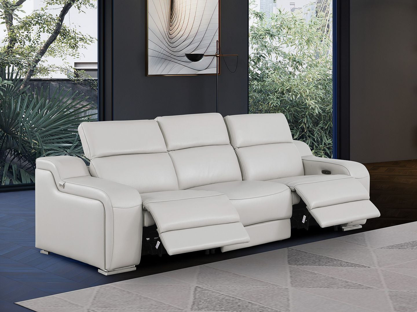 103" Light Gray Italian Leather Reclining USB Sofa
